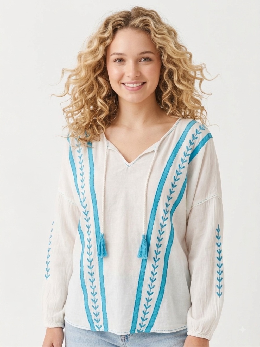 Sundance Cream Tunic Cover-Up with Turquoise Embroidery